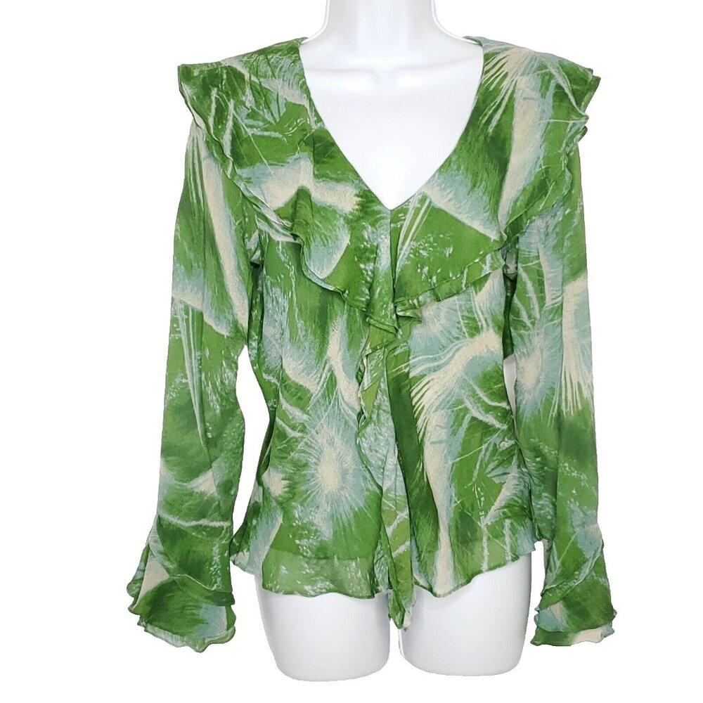 Marc Bouwer Silk Blouse Sz M Green Blue Crinkle Ruffle - Picture 1 of 7